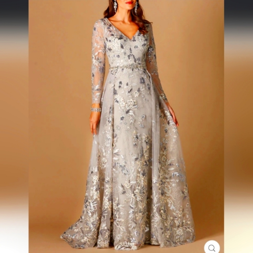 Lara - Long Sleeve V-Neck Gown with Attached Overskirt